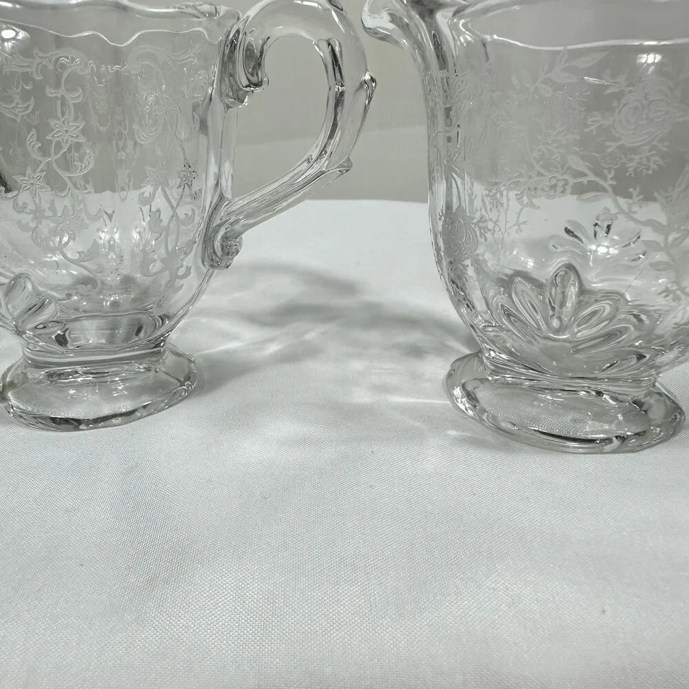Fostoria Two Vintage Chintz Etched Glass Creamer Baroque